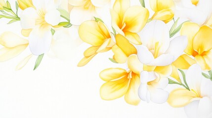 Fototapeta premium Delicate yellow and white freesia blossoms in a graceful watercolor botanical illustration capturing nature's elegance and beauty