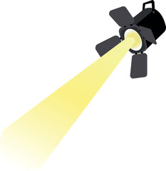 A stage spotlight with sliding doors emits a bright yellow beam.