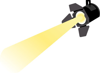 A stage spotlight with sliding doors emits a bright yellow beam.