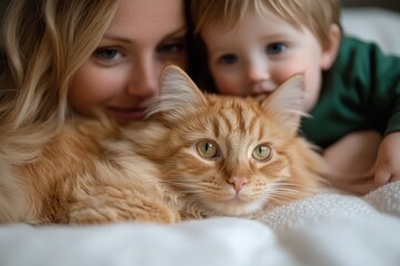 Fototapeta na wymiar Family bonding time with a child, a cat, and a loving parent at home during a cozy afternoon