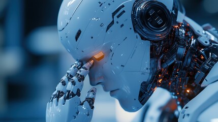 Fototapeta premium White robot with glowing orange eyes holding head in thought