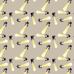 The backdrop is filled with stage lights with sliding doors that emit a bright yellow beam.