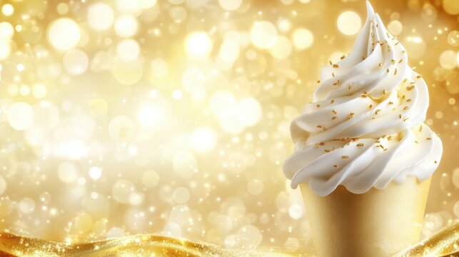 Festive cupcake with white frosting and gold decorations, holiday baking, warm cozy setting, elegant dessert treat.