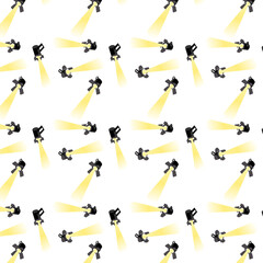 The backdrop is filled with stage lights with sliding doors that emit a bright yellow beam.