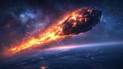 Flaming asteroid hurtling towards Earth, cosmic background, apocalypse concept