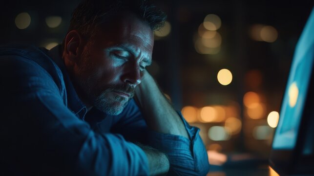 Elderly man sitting alone at night with thoughtful expression, warm lighting, solitude, deep emotions, reflection.