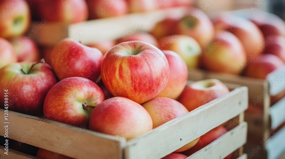 Poster bright and luscious red apples stacked in a rustic wooden crate symbolizing fresh produce and farmer