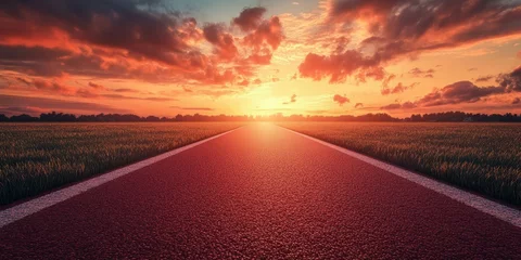 Selbstklebende Fototapeten Vibrant sunset illuminating a deserted road through a grassy landscape at dawn © Michael