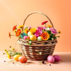 basket with easter eggs and flowers
