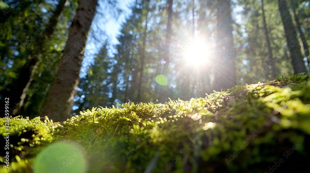 Poster beautiful closeup view of lush green moss illuminated by soft sunlight in forest : generative ai
