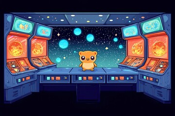 Cute Cartoon Creature in Futuristic Space Control Room
