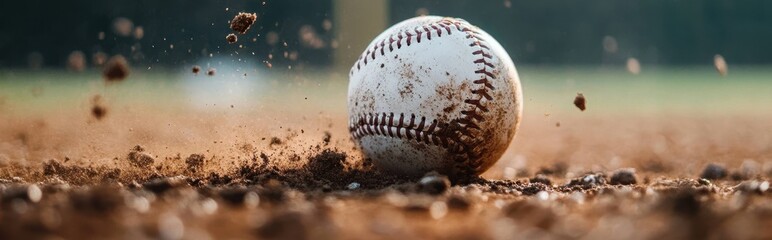Motion of a baseball racing across the field as dirt flies up in the air during an energetic game day