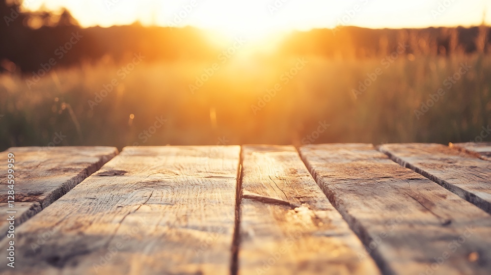 Fototapete warm sunlight casting a soft glow on rustic wooden planks in a field : generative ai