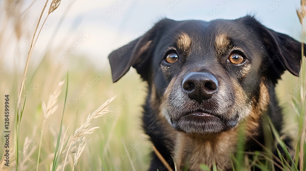 Poster close up portrait of a beautiful dog gazing thoughtfully in a field of golden grass : generative ai