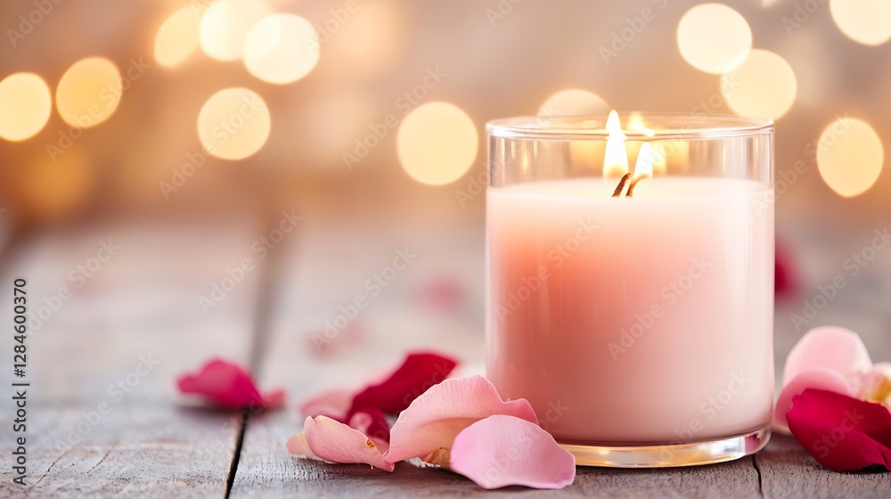 Poster elegant pink candle surrounded by rose petals with soft bokeh background : generative ai