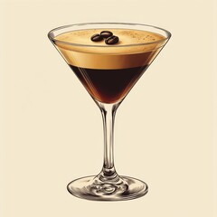 Espresso martini illustrated in vintage style showcasing a rich coffee drink with ice cubes and coffee beans