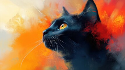 Black cat with abstract fiery orange and yellow background