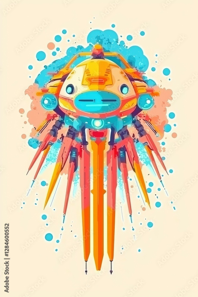 Wall mural whimsical robot spaceship in a colorful abstract burst