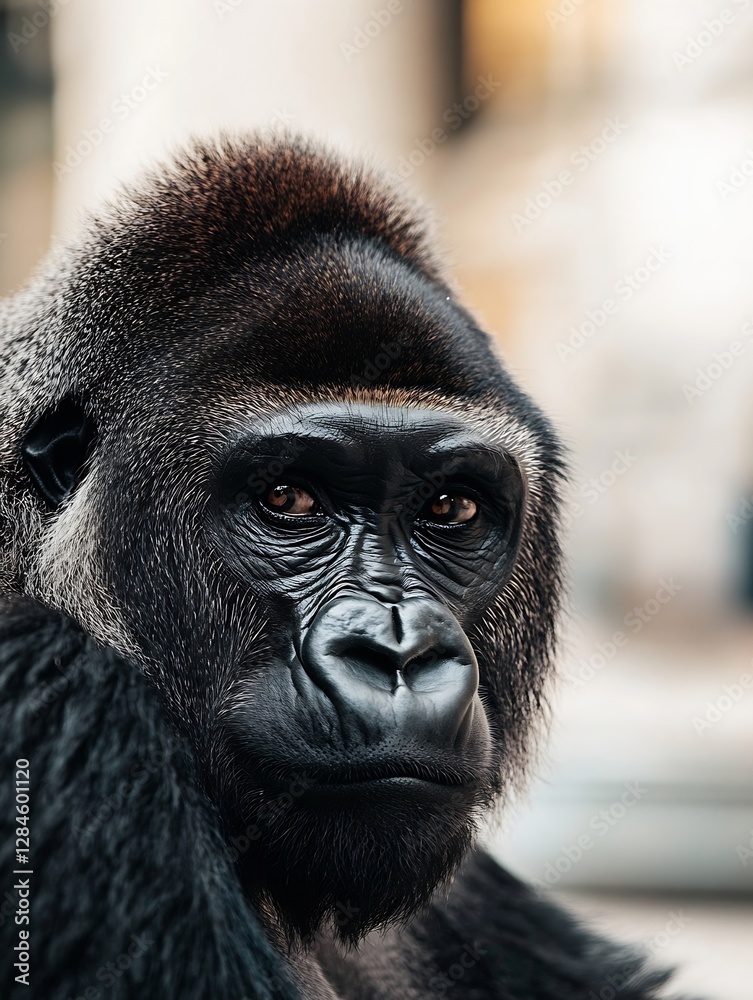 Poster closeup view of a majestic gorilla looking intensely with expressive eyes : generative ai