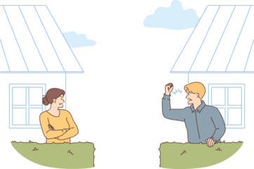 Conflict two neighbors, between screaming man and offended woman standing in backyard of own houses. Conflict neighbors occurred due to violation of public peace or garbage on territory