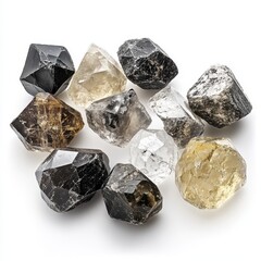 Exploring the beauty of raw diamonds revealing their unique colors and shapes as they lie together on a clean white surface