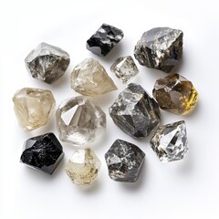 Exploring the beauty of rough and uncut diamonds in various shapes and hues reflecting nature's artistry