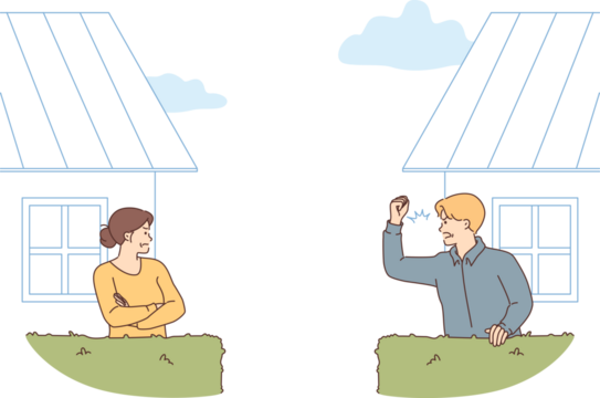 Conflict two neighbors, between screaming man and offended woman standing in backyard of own houses. Conflict neighbors occurred due to violation of public peace or garbage on territory