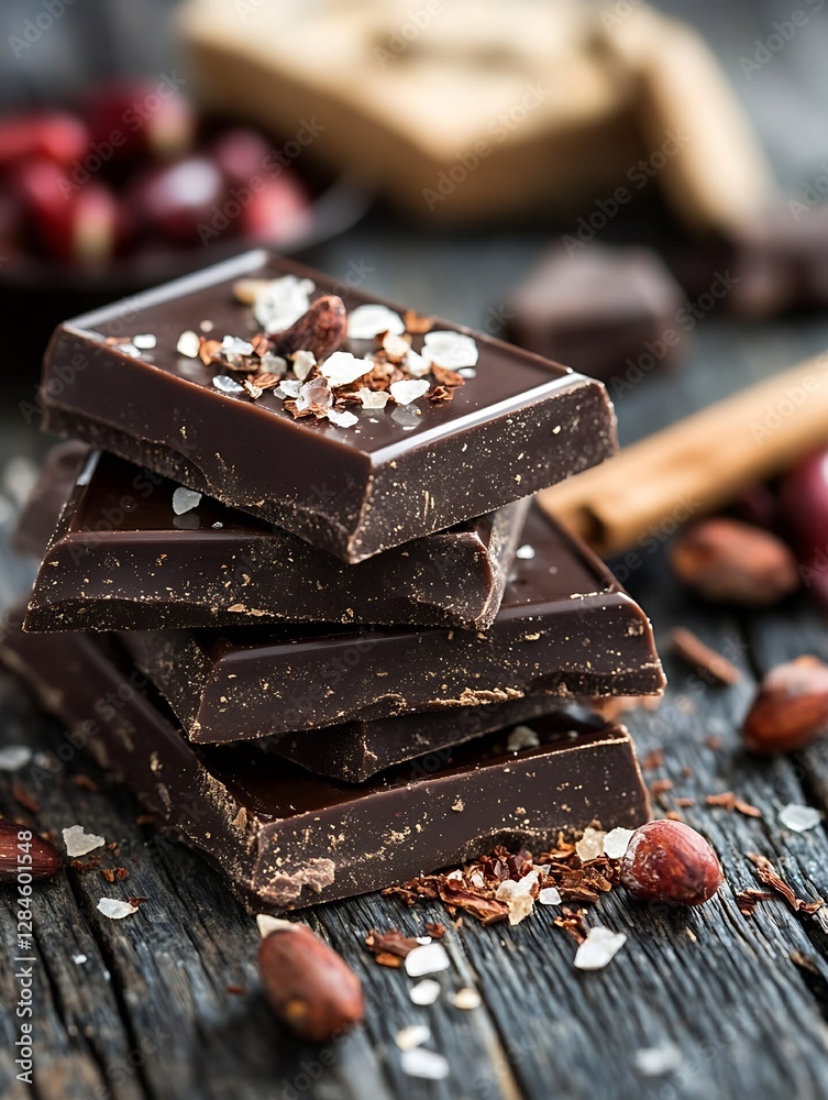 Poster close up of dark chocolate pieces stacked on a wooden table with salt and nuts for a rich culinary e