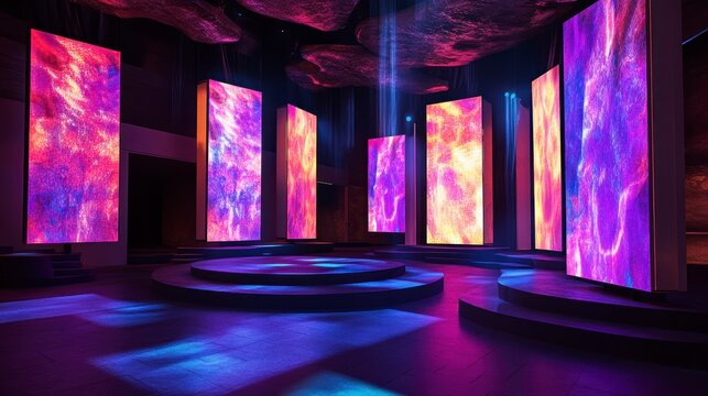 Modern illuminated stage with colorful displays