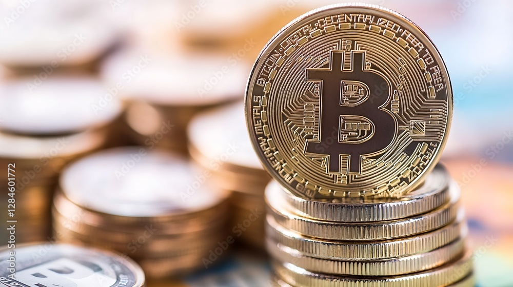 Aufkleber stack of golden bitcoins showcasing cryptocurrency investment and digital finance trends : generativ