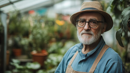 Portrait of confident male gardener wearing hat and apron, standing in greenhouse, surrounded by plants