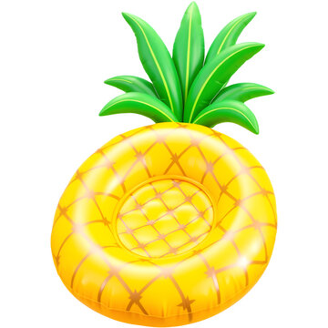 A vibrant inflatable pineapple float with a textured surface and green leaves on top, perfect for summer fun at the pool or beach.