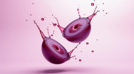 Juicy grapes in mid-air with a splash of purple liquid. A delicious and artistic depiction of fresh fruit, nature, and vitality