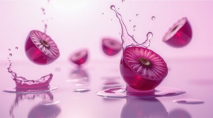 Fototapeta premium Juicy grapes in mid-air with a splash of purple liquid. A delicious and artistic depiction of fresh fruit, nature, and vitality