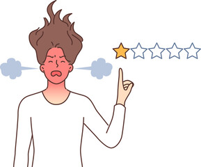 Woman hater puts one star to ruin rating of company that is to blame for negative user experience. Angry girl with red head leaves bad review and worsens rating due to poor quality services.