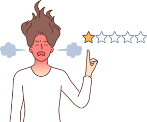 Woman hater puts one star to ruin rating of company that is to blame for negative user experience. Angry girl with red head leaves bad review and worsens rating due to poor quality services.