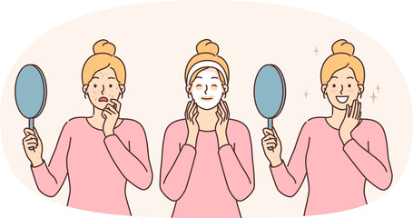 Woman uses cosmetic mask to moisturize skin and get rid of acne, holds mirror in hands. Girl who saw acne on face used rejuvenating cosmetic mask to take skincare and fight rashes.