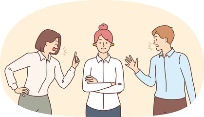 Obraz premium Business woman refuses to listen to colleagues expressing critical opinions that cause decrease in motivation. Confident girl stands with earplugs to avoid attempts to impose critical opinion