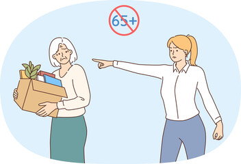 Problem of ageism and discriminatory dismissal from work due to reaching 65 years of age. Female manager kicks elderly lady out of office and engages in ageism to employ young employees.