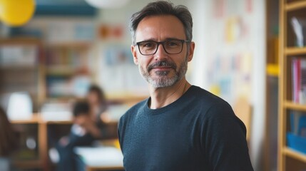 Obraz premium A mature male teacher stands confidently in a bright classroom, engaging with students. His professional demeanor and warm smile promote a positive learning environment.