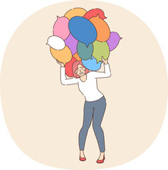 Information overload in woman holding many conversation bubbles above head. Problem of information overload in girl and importance of detoxification from negative news that causes depression