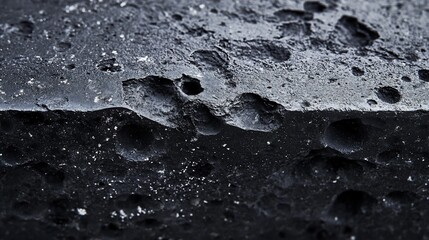 Close-up of a dark gray rock texture, showing layered structure and details. Background is a similar rock slab.  Possible use design inspiration, architecture, interior design