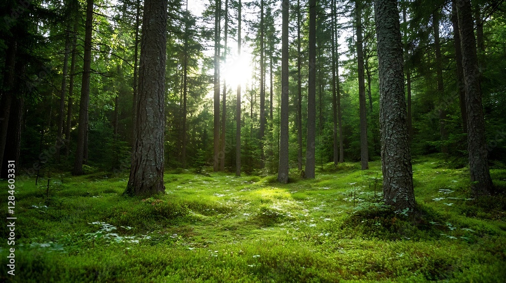 Poster tranquil forest scene with tall trees and sunlight filtering through the foliage illuminating the gr