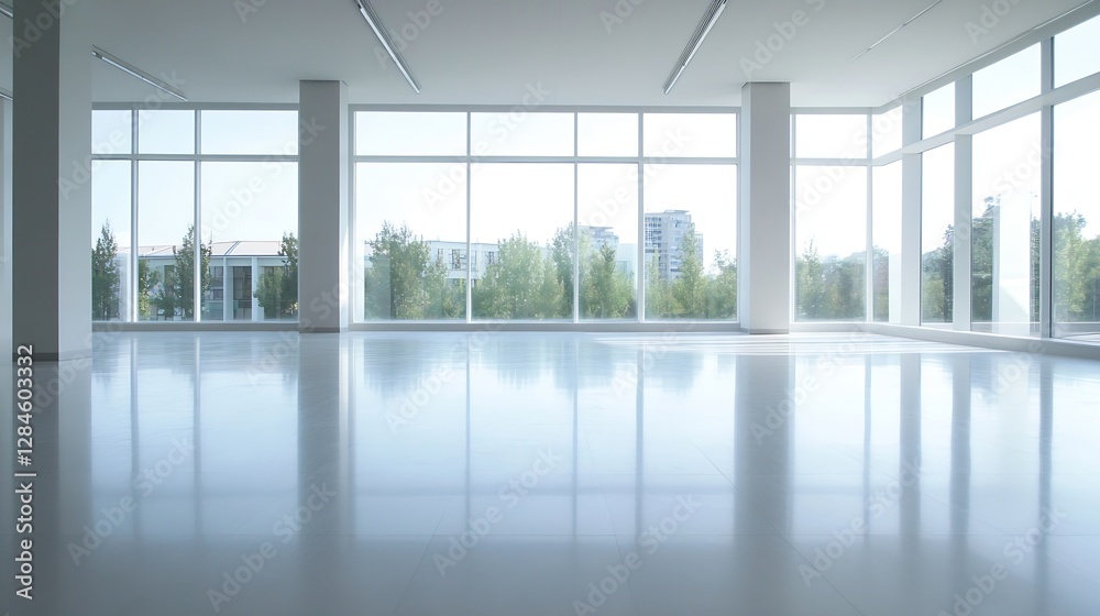 Leinwandbilder Bright and airy modern interior of an empty space with large windows offering a view of greenery outside : Generative AI
