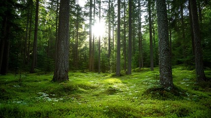 Obraz premium Tranquil forest scene with tall trees and sunlight filtering through the foliage illuminating the green moss below : Generative AI