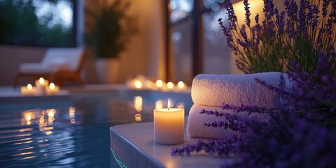 World candle day with relaxation and therapy idea. Serene spa setting with candles and lavender by a pool.
