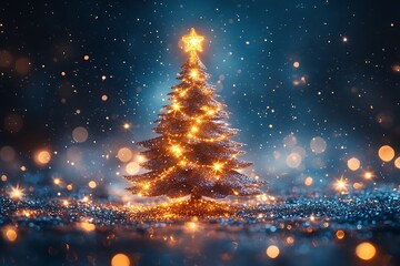 Festive Christmas tree illuminated by warm lights in a snowy night scene.