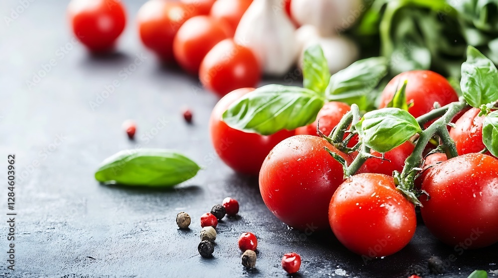 Aufkleber fresh ripe tomatoes with garlic and basil on a dark stone surface showcasing vibrant colors : genera