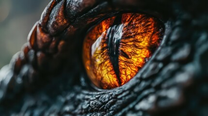 Intense close-up of a dragon's fiery eye with scaly details