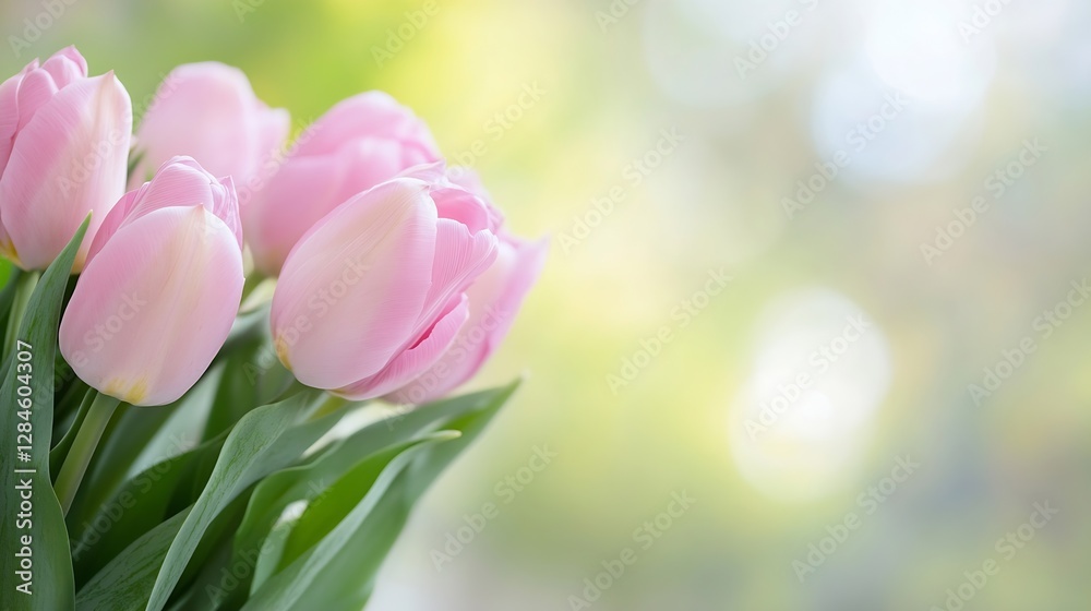 Poster Delicate Pink Tulips in a Soft Focus Background Creating a Peaceful Atmosphere for Spring : Generative AI